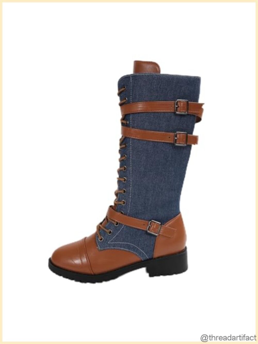 Women's Mid Calf Lace Up Combat Boots Leather Low Heel Round Toe